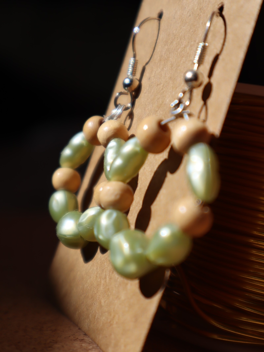 Handcrafted Green Pearl & Beige Wood Hoop Earrings